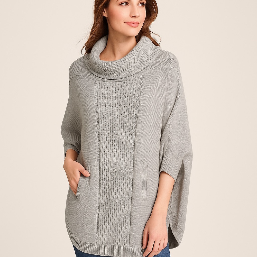 Cabi Cable Knit Cowl Neck Poncho Sweater with Pockets Gray Size Small
